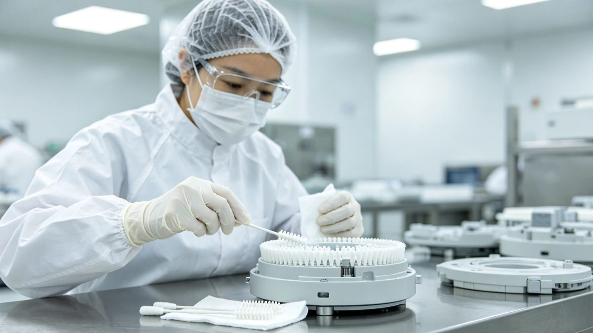 Cleanroom swabs and wipes being used for precision cleaning in medical device manufacturing facility