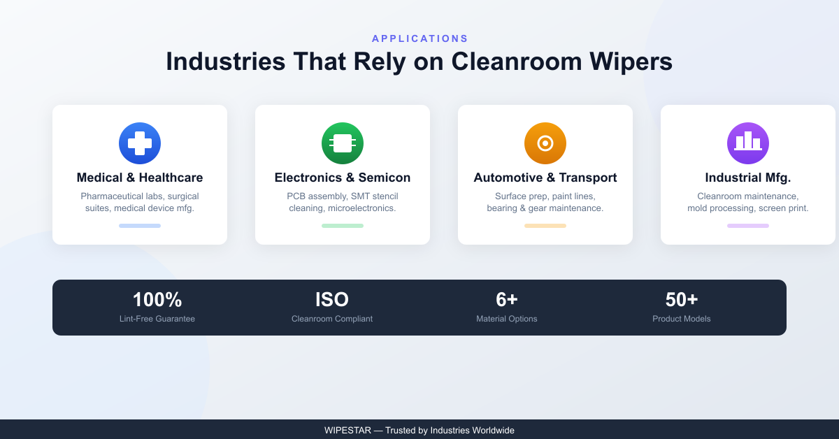 Industries That Rely on Non-Woven Cleanroom Wipers Cleanroom wiper applications across medical healthcare electronics semiconductor automotive and industrial manufacturing industries