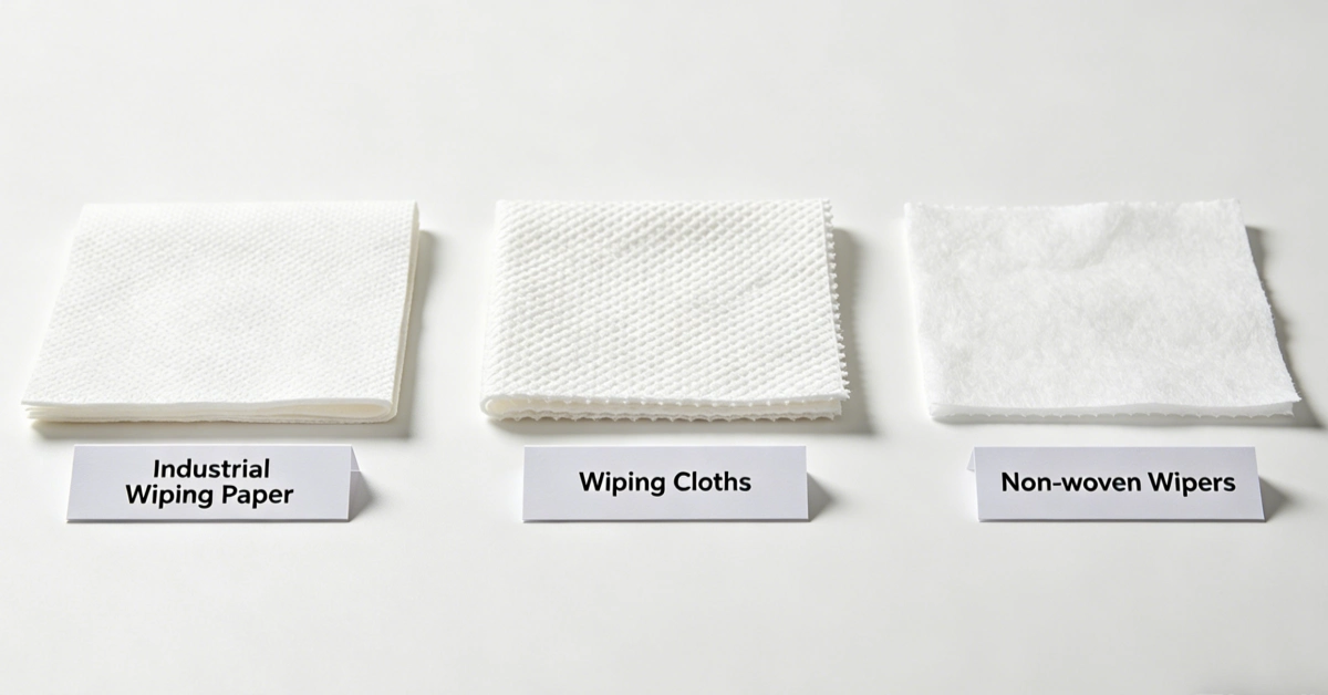 Industrial wiping paper, wiping cloths, and non-woven wipers laid out for food processing hygiene comparison