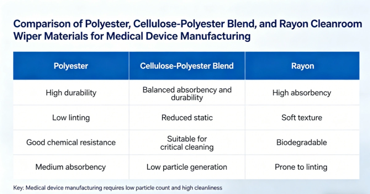 Comparison of polyester, cellulose-polyester blend, and rayon cleanroom wiper materials for medical device manufacturing