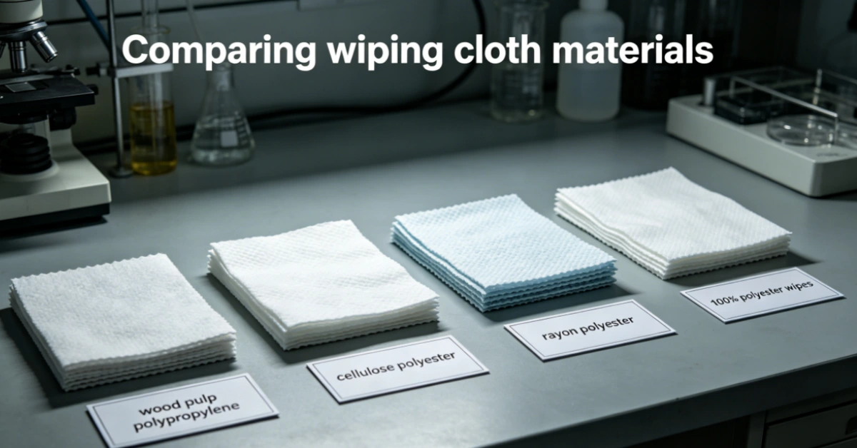 WIPESTAR Wiping Cloth Material Comparison — Wood Pulp, Cellulose, Rayon, and Polyester Comparing wiping cloth materials — wood pulp polypropylene, cellulose polyester, rayon polyester, and 100% polyester wipes side by side