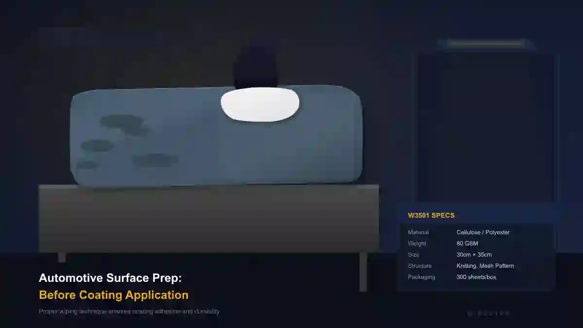 Technician using a surface preparation wipe on an automotive component before applying protective coating in a manufacturing facility