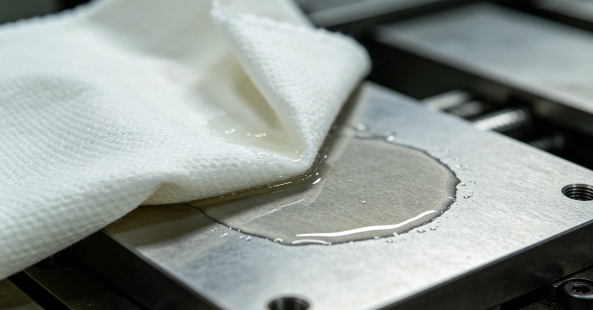 W2101 rayon polyester wiping cloth absorbing IPA solvent on a precision manufacturing surface — fast absorption and no fiber shedding