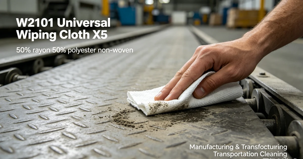 W2101 Universal Wiping Cloth X5 in use on an industrial surface — 50% rayon 50% polyester non-woven wipe for manufacturing and transportation cleaning