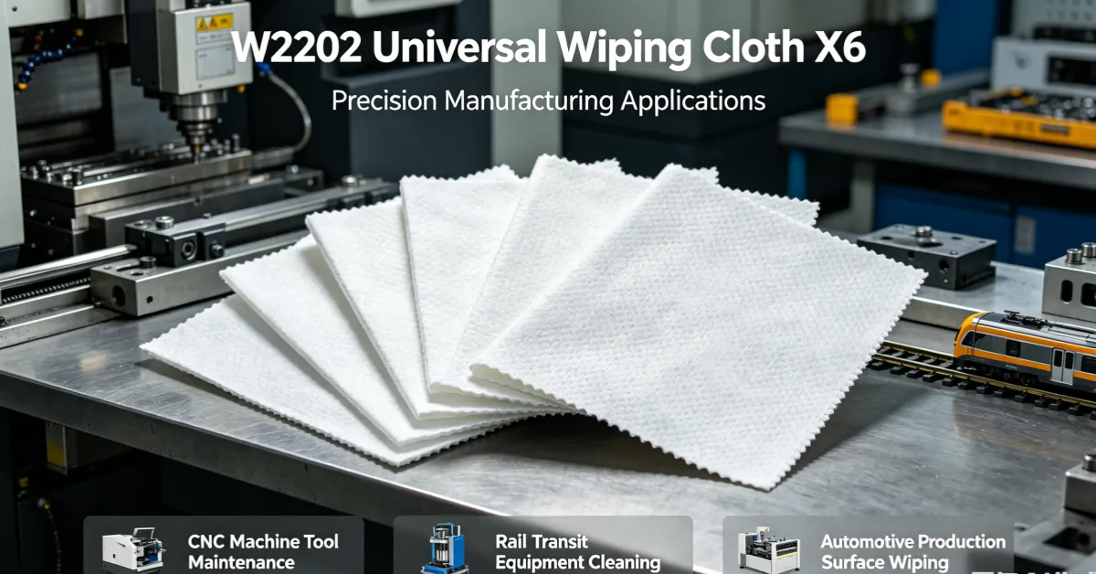 W2202 X6 universal wiping cloth across seven industries — CNC machining, aerospace, rail transit, automotive, screen printing, bearing maintenance, and food processing