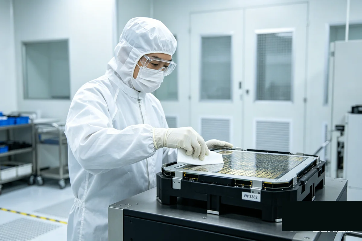 WP3302 ESD wipers being used for cleaning semiconductor wafer carriers in cleanroom environment
