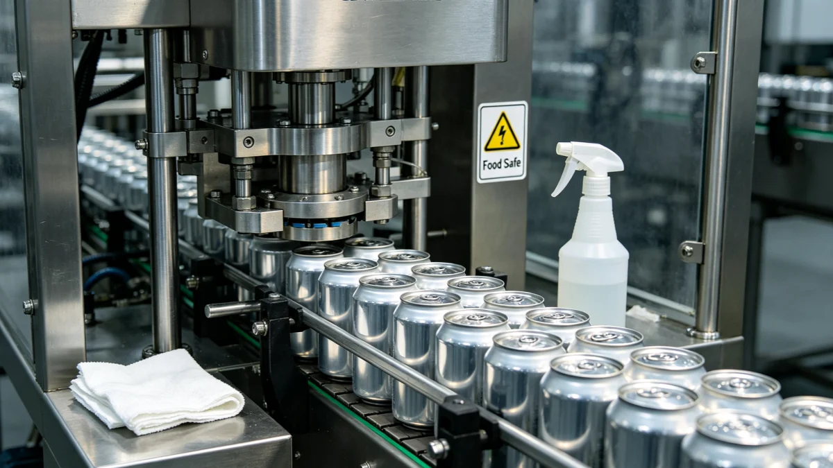 Food contact safe wiping cloths on brewery canning line seamer for HACCP compliant cleaning and contamination prevention