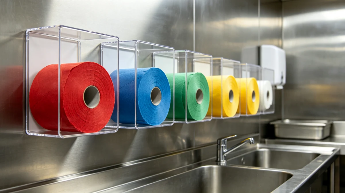 Color-coded industrial wipes for allergen zone segregation in chocolate factory cleaning and food safety compliance