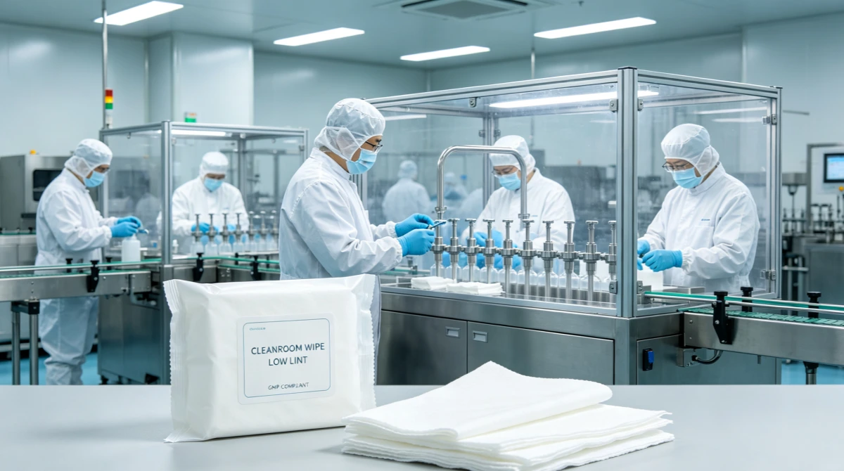 Cleanroom wipes used in cosmetics personal care manufacturing filling line under ISO 22716 GMP conditions
