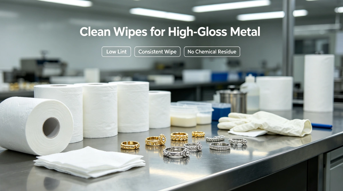 Cleanroom wipes used in jewelry manufacturing for precious metal surface finish protection and polishing compound removal