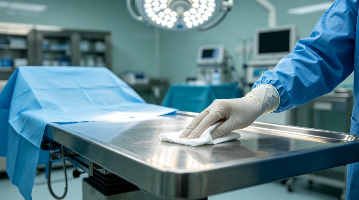 Cleanroom wipe removing bioburden from hospital operating room surface before chemical disinfection for infection prevention