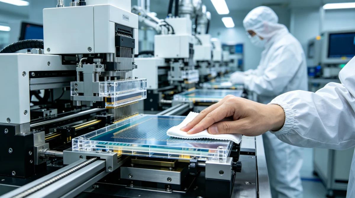 Sealed-edge cleanroom wipes at a die attach station keeping lead frames fibre-free in a semiconductor packaging line