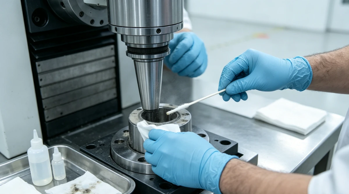 CNC spindle taper cleaning with lint-free industrial wiping cloth for tool holder accuracy