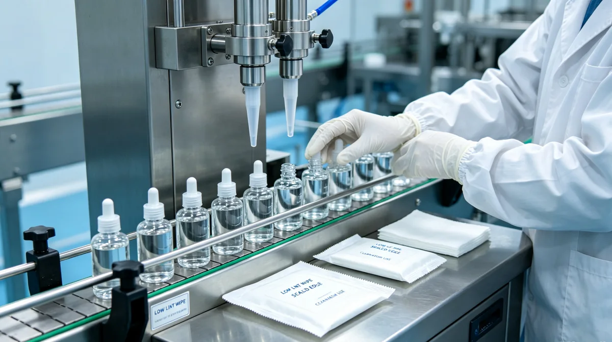 Low lint cleanroom wipes on cosmetics serum filling line preventing fiber contamination in transparent containers