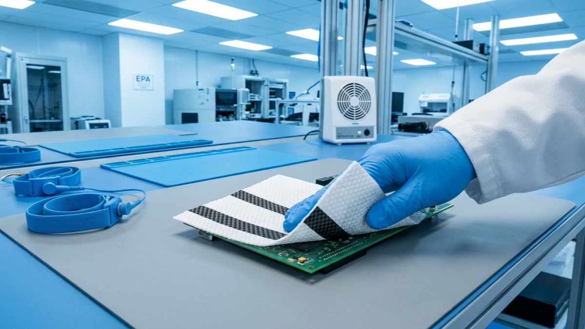 ESD-safe cleanroom wipe with carbon conductive fibers being used for PCB assembly cleaning in an ESD protected area