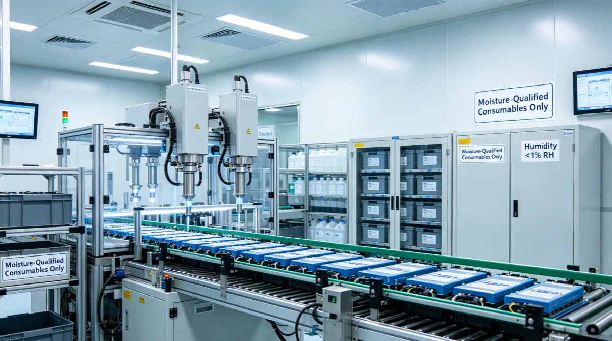 EV battery cell assembly electrolyte filling area with cleanroom wipes for moisture-free surface preparation