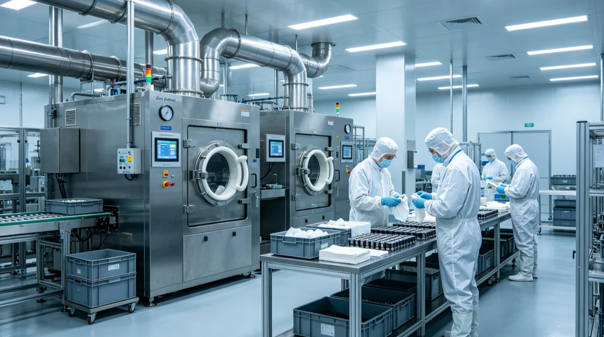 Dry room environment in EV battery gigafactory requiring moisture-controlled cleanroom wipes for electrode handling