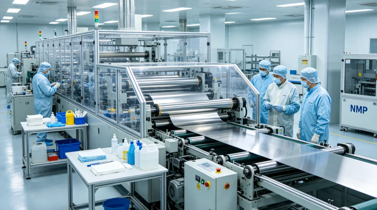 Electrode coating line in lithium-ion battery factory requiring NMP-resistant cleanroom wipes for contamination control