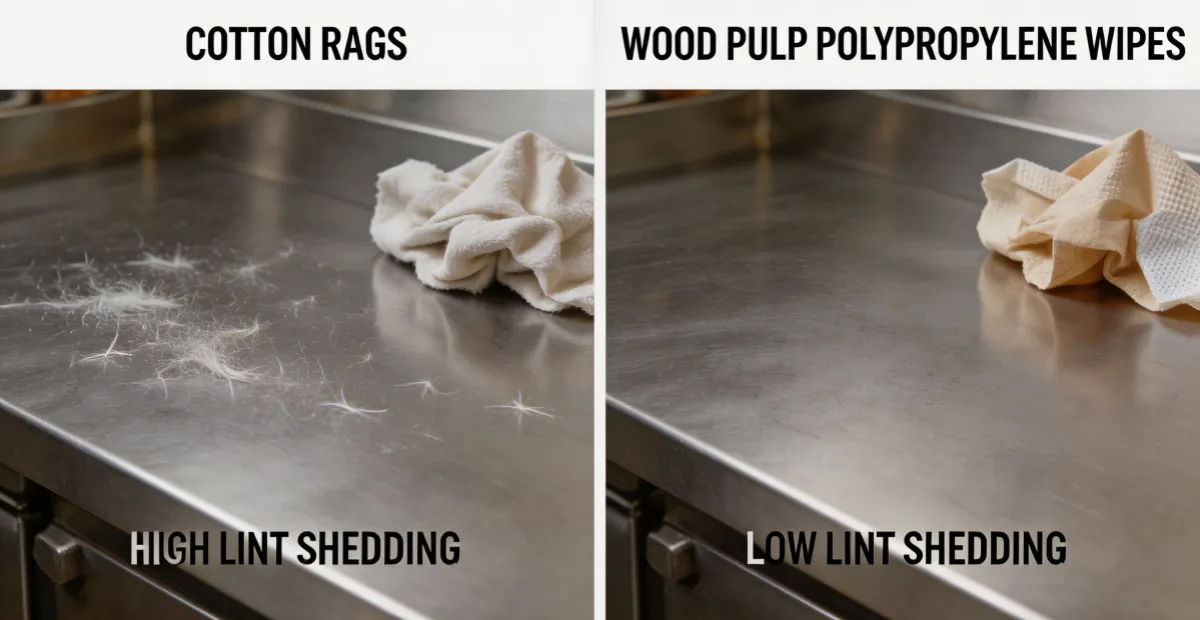 Comparison of cotton rags vs wood pulp polypropylene cleaning wipes for food manufacturing — fiber shedding test showing low-lint performance on stainless steel food equipment