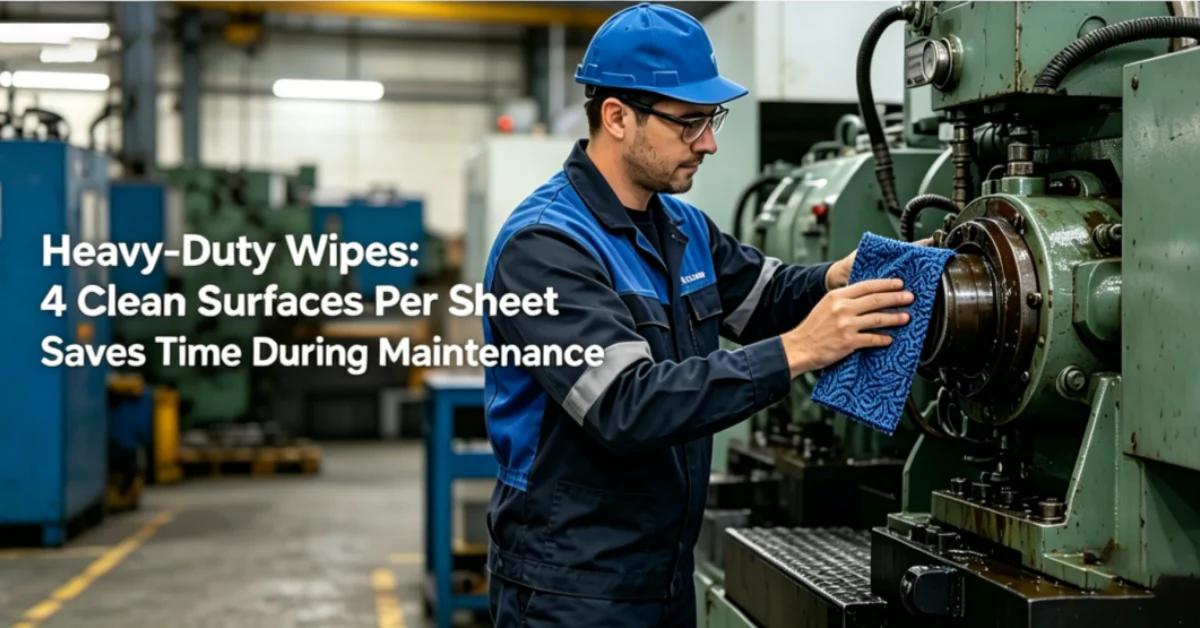 Technician using a WIPESTAR heavy-duty oil absorbent wipe to clean hydraulic equipment during scheduled maintenance