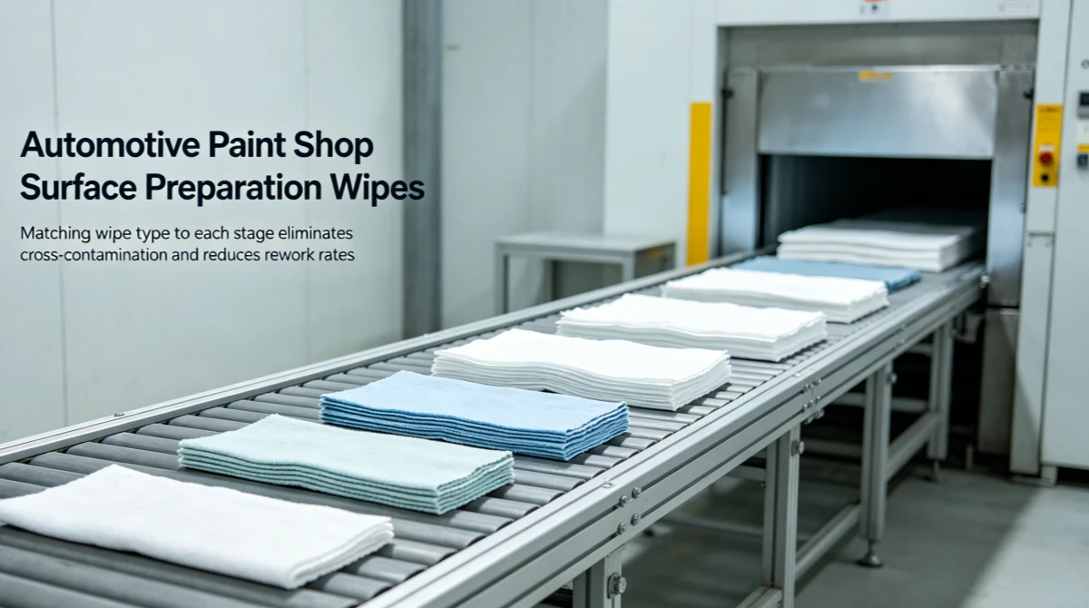 Industrial wiping cloths for automotive paint shop surface preparation on a clean paint line bench