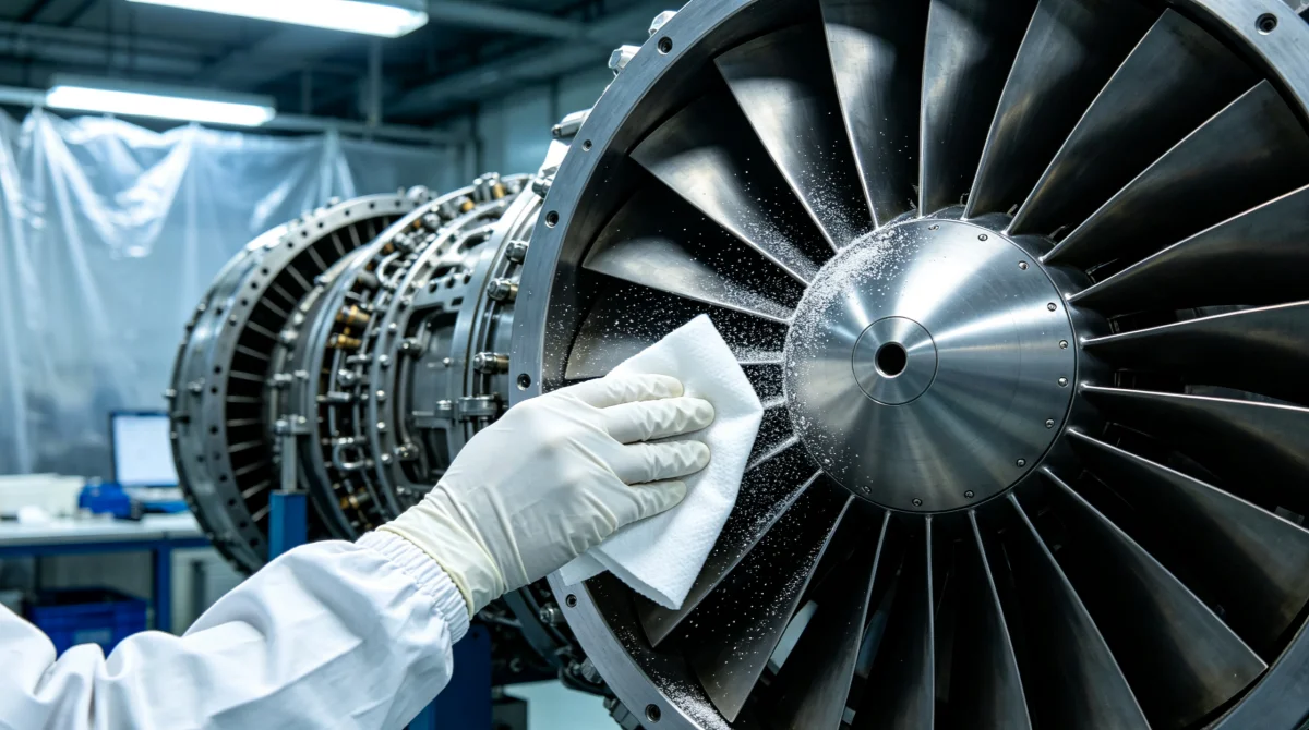 Industrial wiping cloths used in aviation MRO engine overhaul facility for turbine blade cleaning and aerospace contamination control