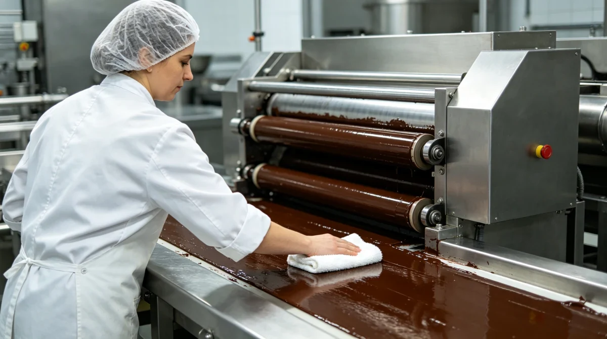Industrial wiping cloths used in chocolate factory confectionery production for allergen cross-contamination control and food safety cleaning