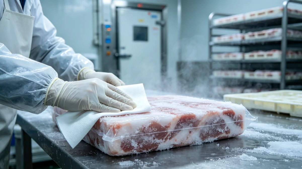 Industrial wiping cloths used in cold storage frozen food warehouse for freezer-rated cleaning and condensation management