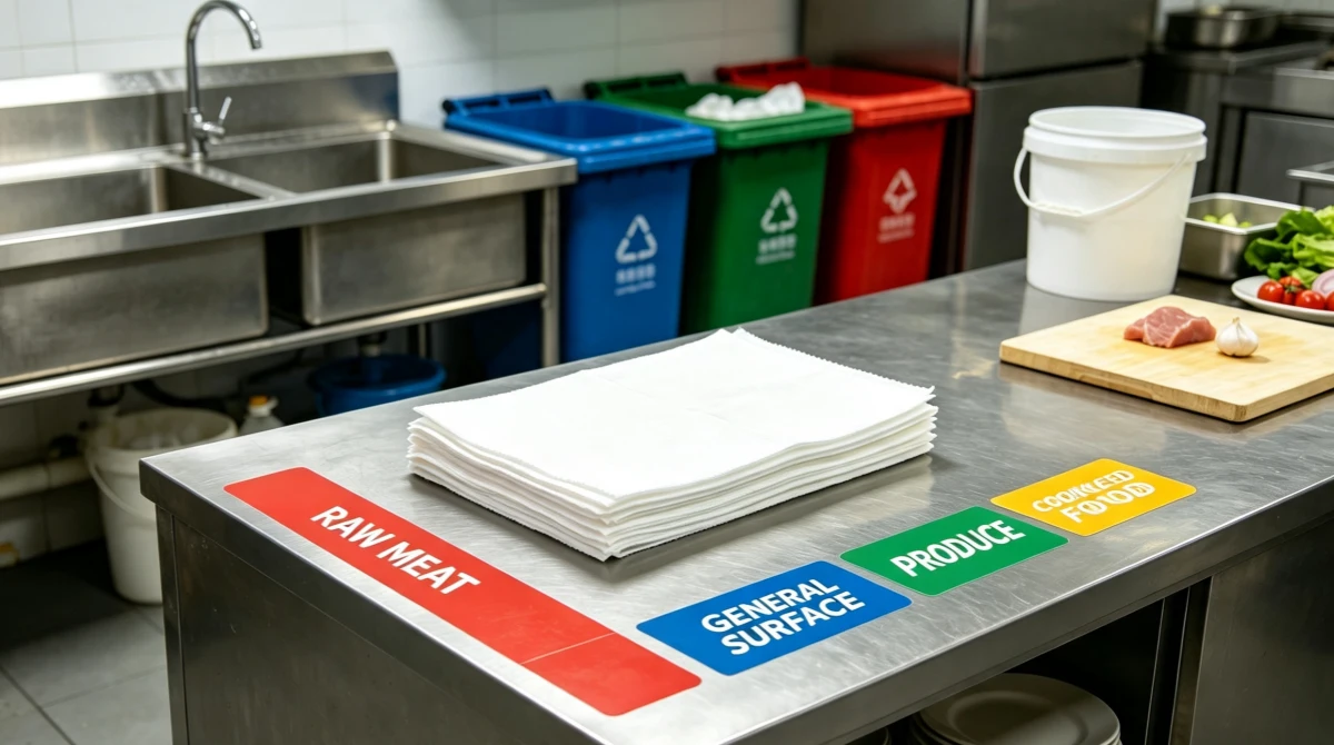 Industrial wiping cloths used in commercial kitchen restaurant food service for cross-contamination prevention and HACCP compliance