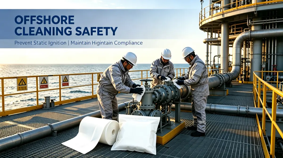 Industrial wiping cloths used on offshore oil gas platform for hazardous area cleaning and Zone 1 compliant maintenance