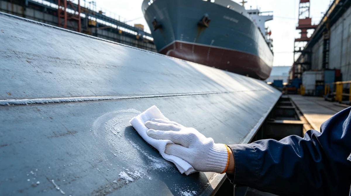 Industrial wiping cloths used in shipbuilding hull surface preparation for marine coating adhesion and salt corrosion prevention
