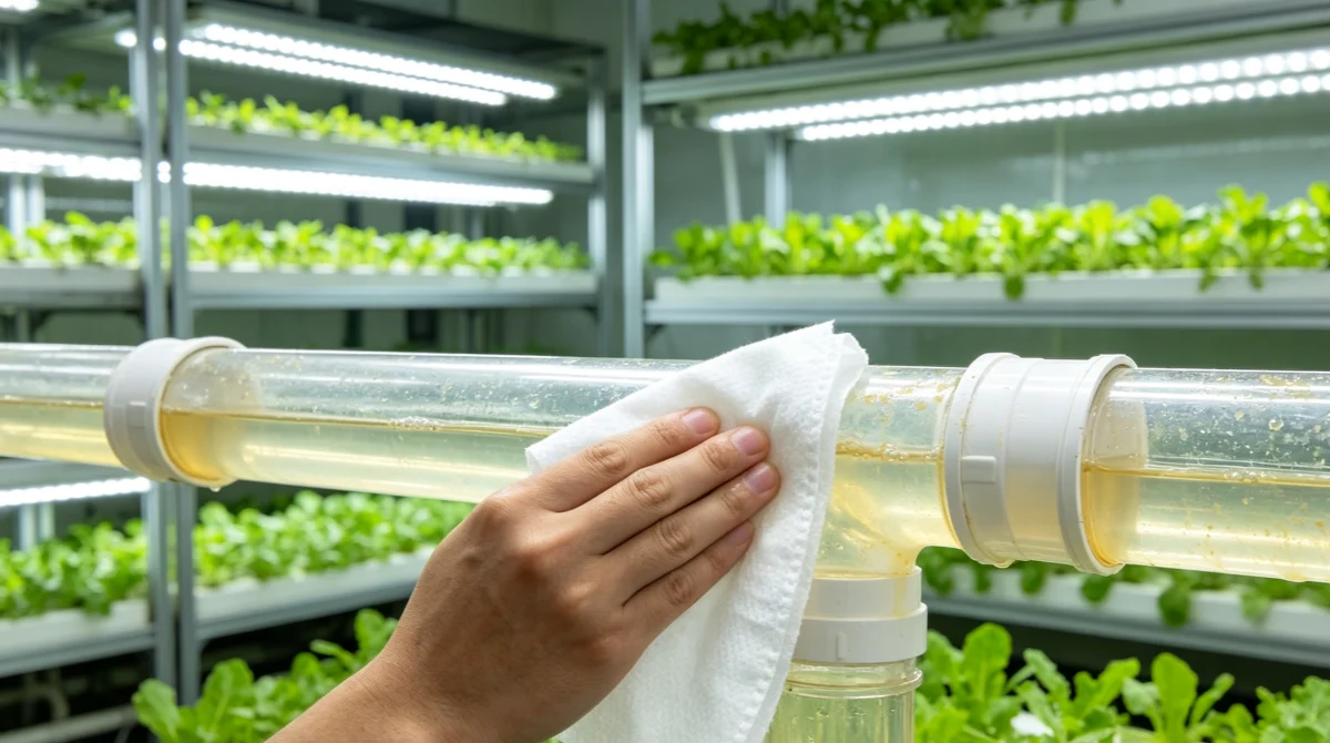 Industrial wiping cloths used in vertical farming hydroponic facility for nutrient channel cleaning and food safety compliance