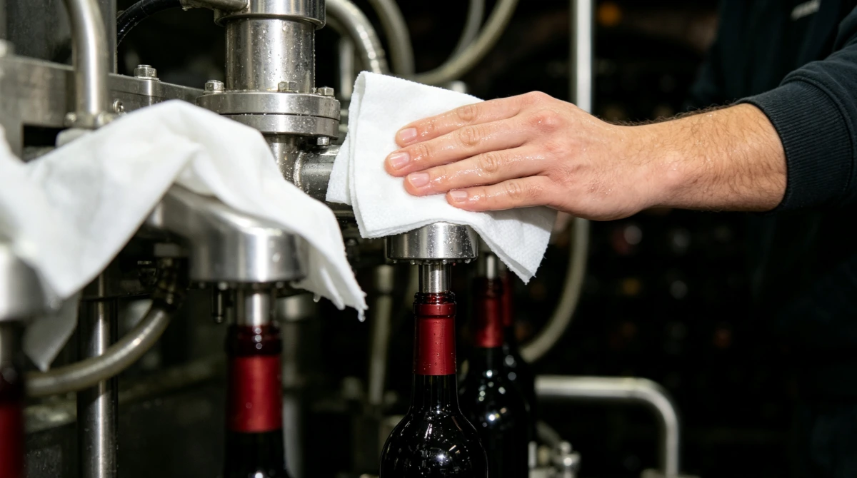 Industrial wiping cloths used on winery bottling line filler heads for food contact safe cleaning in cellar production