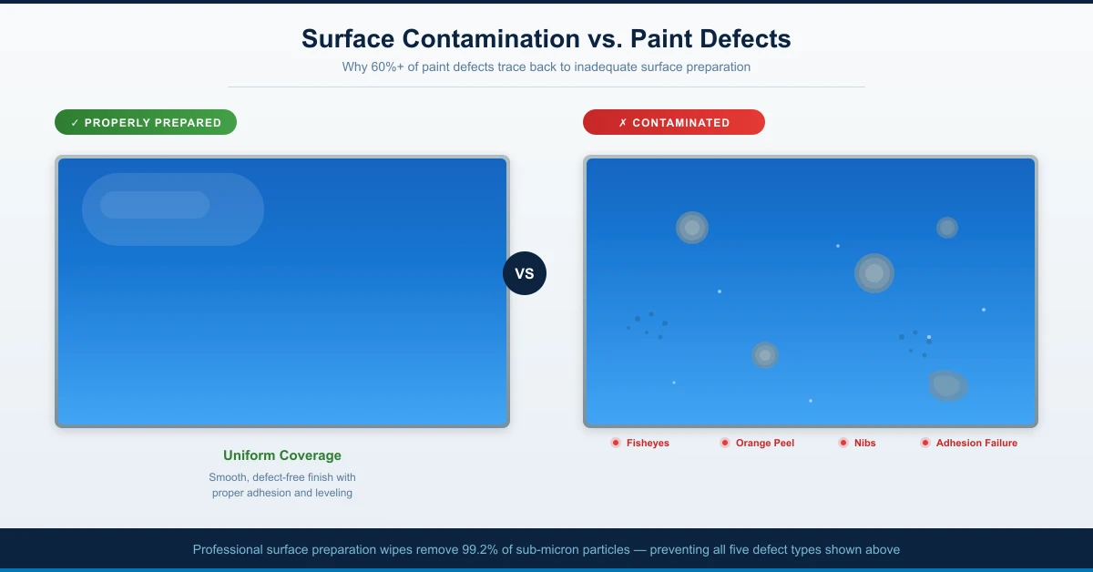 Paint defects caused by surface contamination — fisheyes, orange peel, adhesion failure, and nibs from inadequate surface preparation