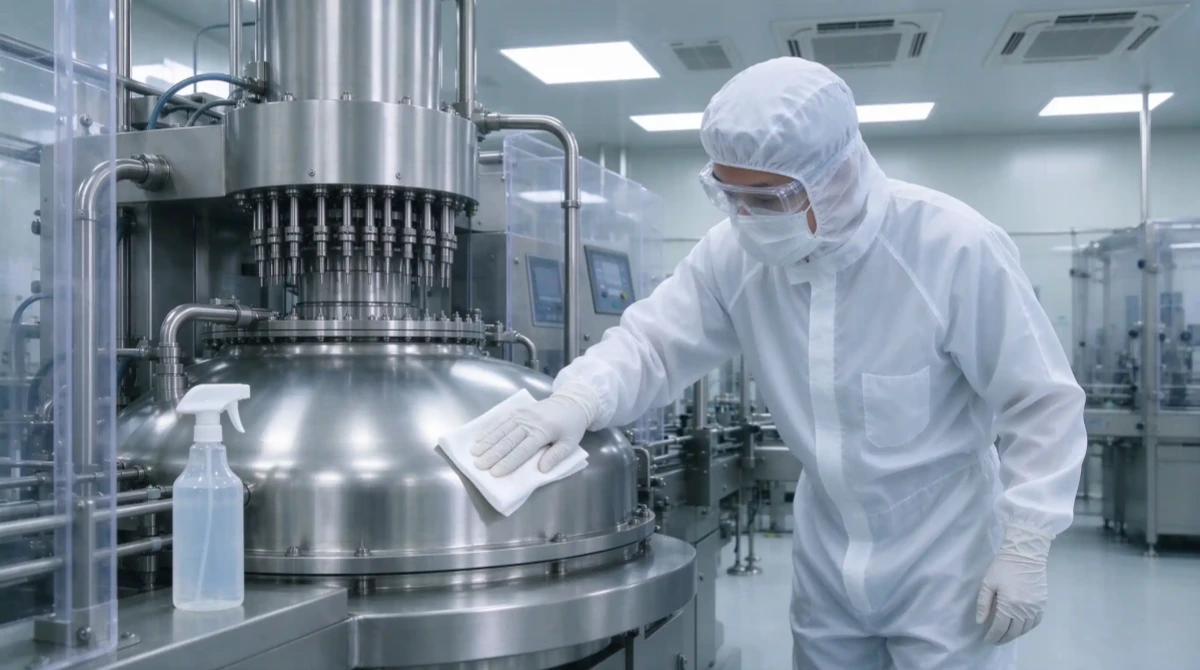 Operator applying rotated disinfectant to stainless steel aseptic filling equipment with a sterile polyester cleanroom wipe