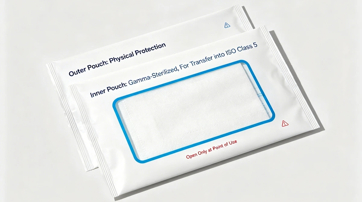 Double-bagged sterile wipe packaging for pharmaceutical Grade A aseptic zone with gamma-sterilized inner pouch