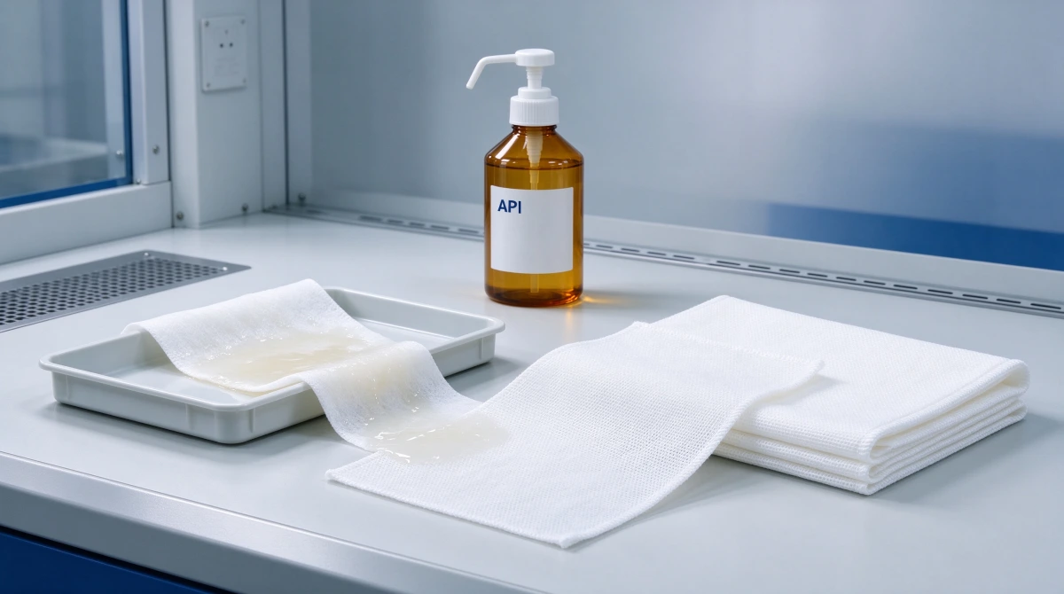 Pre-wetted cleanroom wipes next to dry polyester wipers and IPA dispensing bottle for task comparison