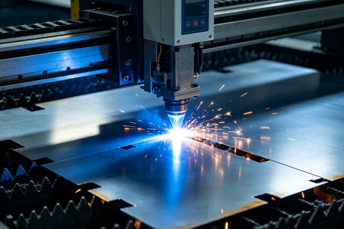 Industrial laser cutting machine operating on metal sheet with focused beam
