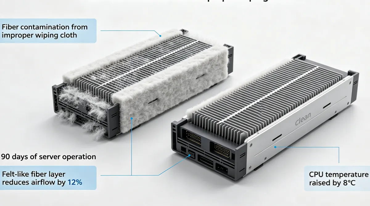 Server heatsink fiber contamination from improper wiping cloth in data center maintenance
