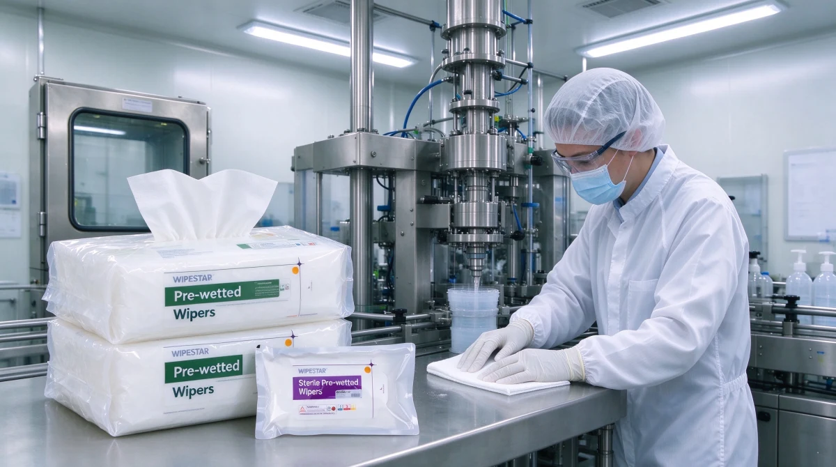 Sterile pre-wetted wipers factory saturated with USP IPA used during aseptic filling line interventions in a Grade A cleanroom