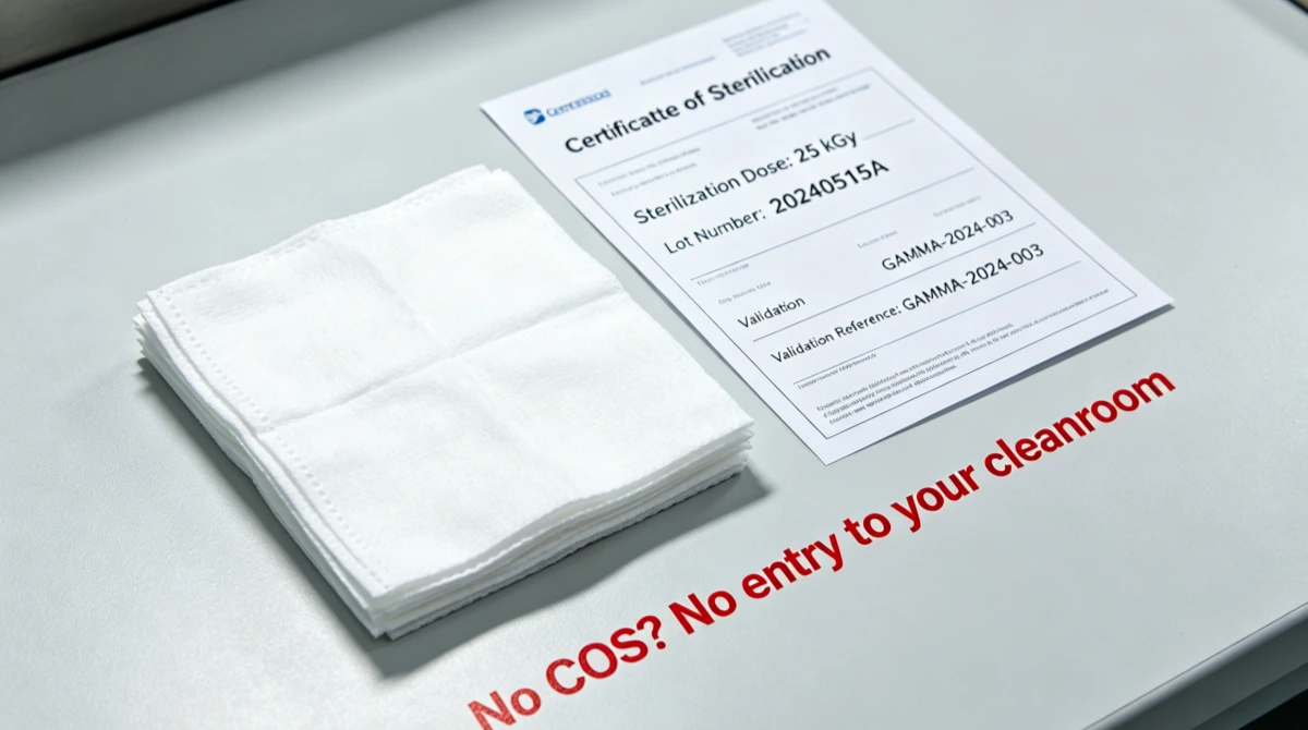 Gamma-sterilized pharmaceutical cleanroom wipes with Certificate of Sterilization documentation on a validated cleanroom bench