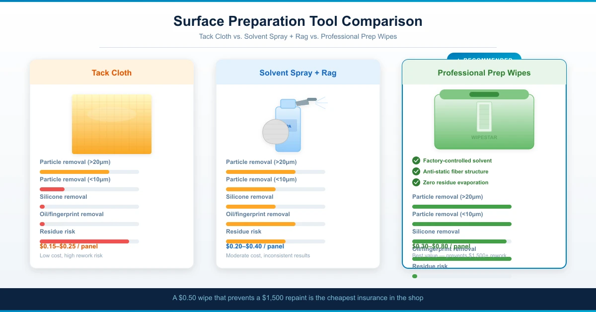 Surface preparation tools comparison — tack cloth vs solvent spray vs professional preparation wipes for automotive paint finishing