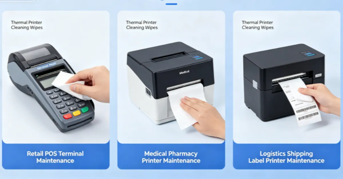 Thermal printer cleaning wipes in use across industries — retail POS terminal, medical pharmacy printer, and logistics shipping label printer maintenance