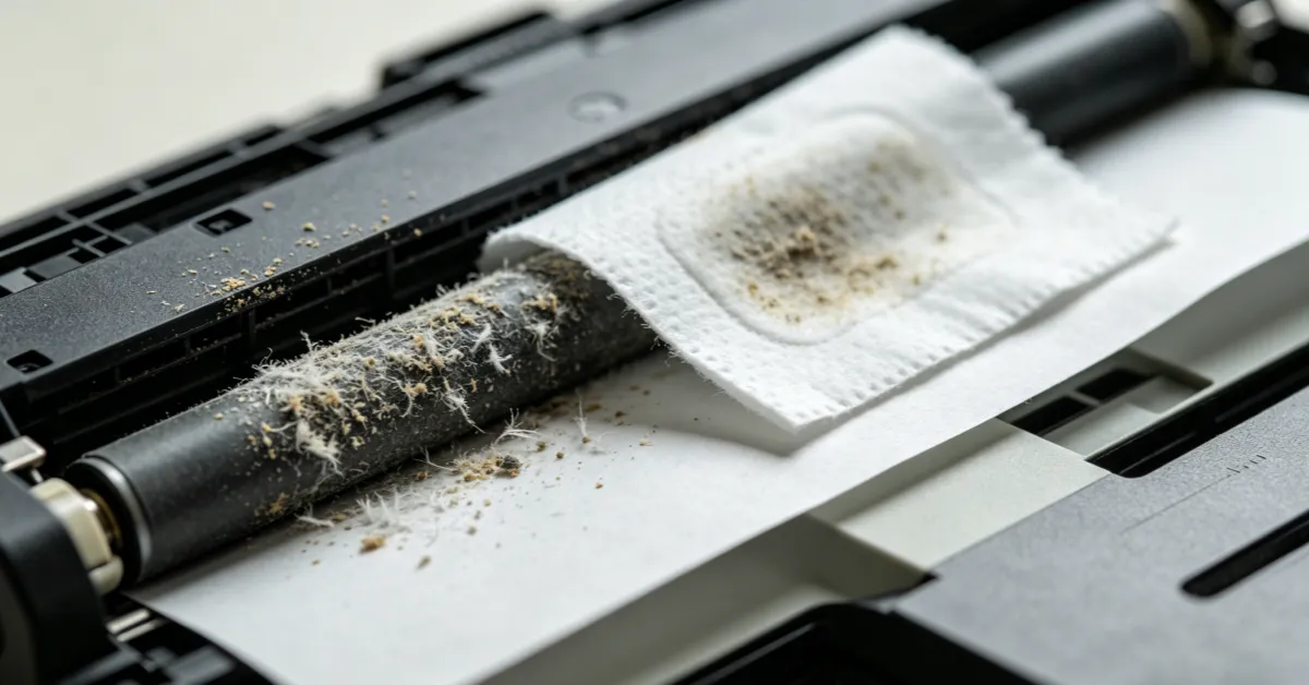 Thermal printer printhead being cleaned with specialized cleaning wipes — removing toner residue and paper fiber debris for optimal print quality