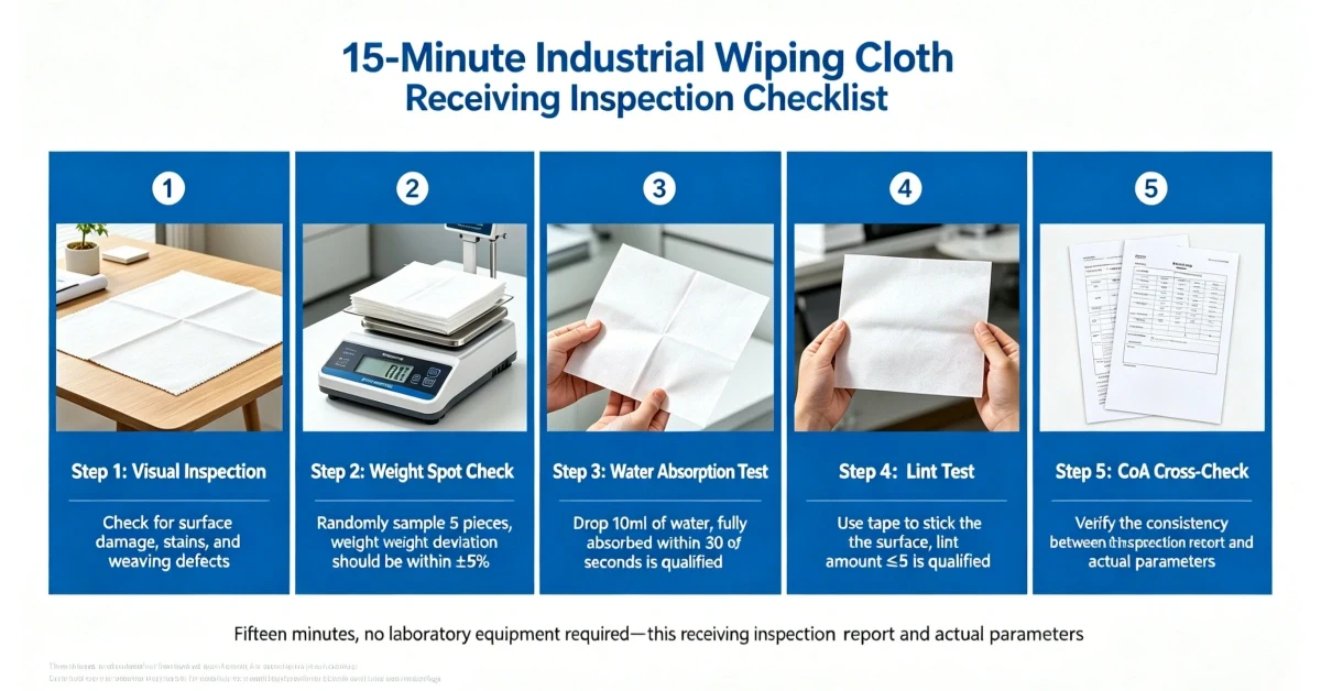 15-minute industrial wipe receiving inspection checklist infographic — five-step quality control process including visual check, weight spot-check, absorption test, lint test and CoA cross-check for procurement teams