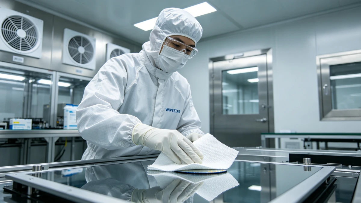 WIPESTAR cleanroom wipes being used in an ISO Class 4 semiconductor wafer fabrication environment — continuous-filament polyester construction prevents particle shedding