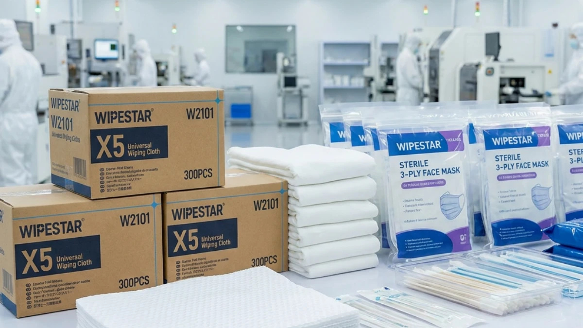 WIPESTAR cleanroom consumables product range including universal wiping cloths surface preparation wipes and precision swabs laid out at Shenzhen factory