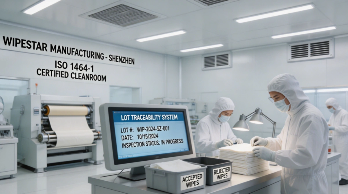 WIPESTAR cleanroom wipe manufacturing facility in Shenzhen showing ISO-certified quality control inspection and lot traceability during industrial wiping cloth production