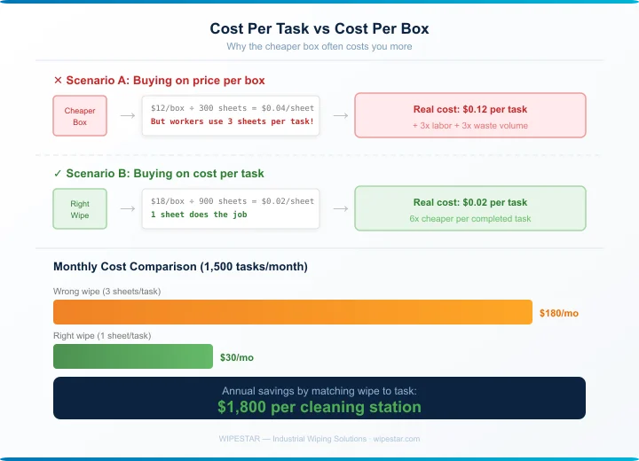 Infographic comparing cost per box vs cost per task for industrial wiping cloths, showing how the wrong wipe costs 6x more per completed task