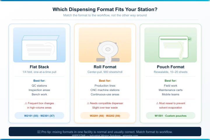 Visual guide comparing flat stack, roll, and pouch dispensing formats for industrial wiping cloths at different workstation types
